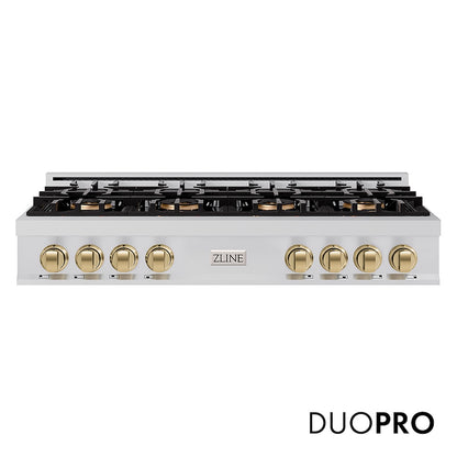 ZLINE Autograph Edition 48 in. Classic Gas Rangetop with 8 Burner DuoPro™ Cooktop in Stainless Steel and Champagne Bronze Accents (PCRTZ-48-CB) front, with DuoPro™ logo.