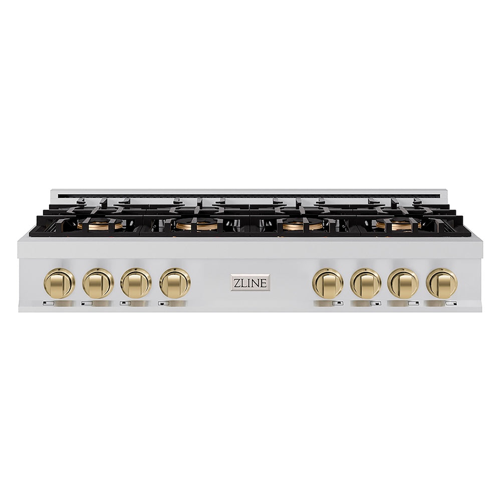 ZLINE Autograph Edition 48 in. Classic Gas Rangetop with 8 Burner DuoPro™ Cooktop in Stainless Steel and Champagne Bronze Accents (PCRTZ-48-CB) front.
