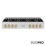 ZLINE Autograph Edition 48 in. Classic Gas Rangetop with 8 Burner DuoPro™ Cooktop in Stainless Steel and Polished Gold Accents (PCRTZ-48-G) front, with DuoPro™ logo.