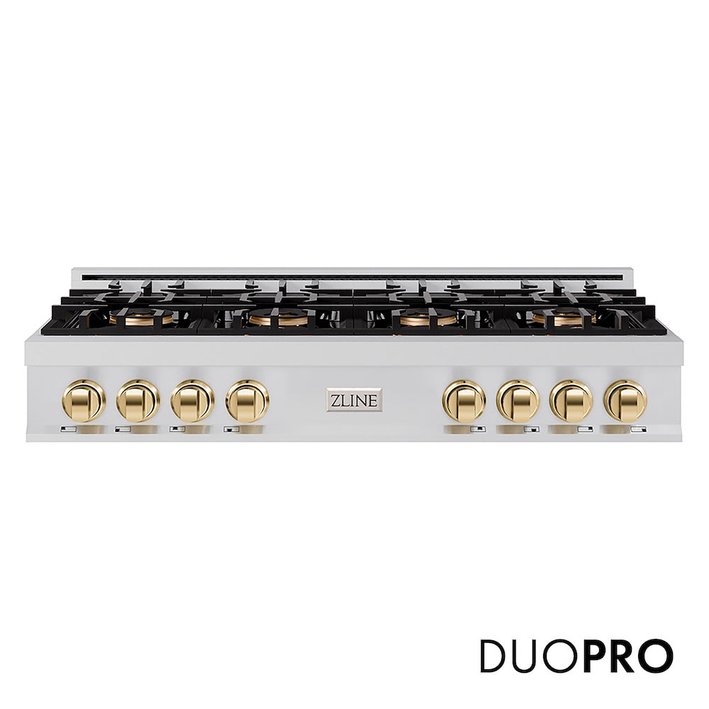 ZLINE Autograph Edition 48 in. Classic Gas Rangetop with 8 Burner DuoPro™ Cooktop in Stainless Steel and Polished Gold Accents (PCRTZ-48-G) front, with DuoPro™ logo.
