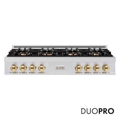 ZLINE Autograph Edition 48 in. Classic Gas Rangetop with 8 Burner DuoPro™ Cooktop in Stainless Steel and Polished Gold Accents (PCRTZ-48-G) front, with DuoPro™ logo.