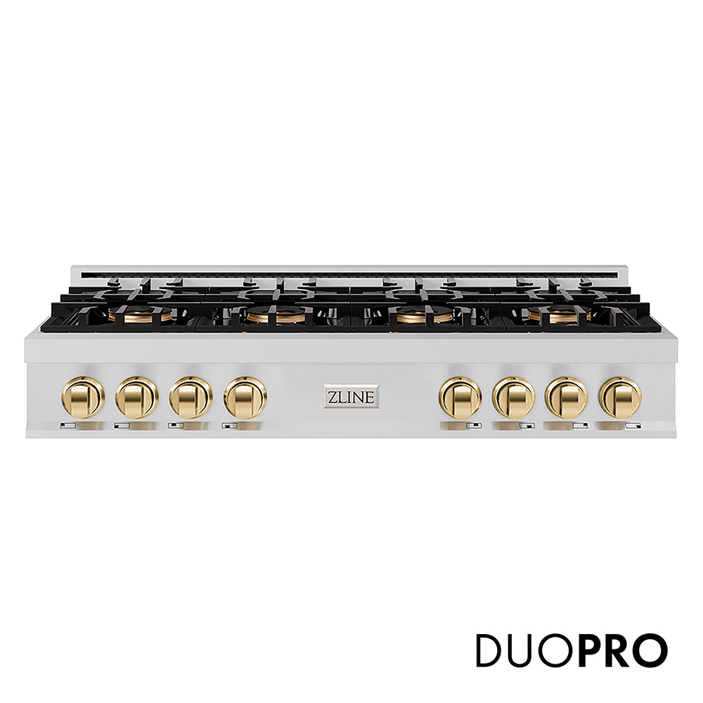 ZLINE Autograph Edition 48 in. Classic Gas Rangetop with 8 Burner DuoPro™ Cooktop in Stainless Steel and Polished Gold Accents, Open Box-Great Condition main image.
