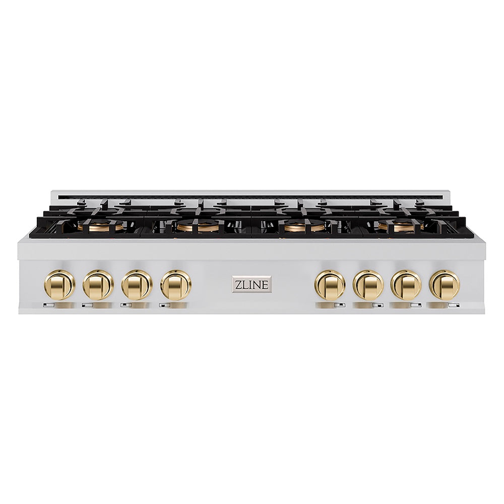 ZLINE Autograph Edition 48 in. Classic Gas Rangetop with 8 Burner DuoPro™ Cooktop in Stainless Steel and Polished Gold Accents (PCRTZ-48-G) front.