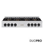 ZLINE Autograph Edition 48 in. Classic Gas Rangetop with 8 Burner DuoPro™ Cooktop in Stainless Steel and Matte Black Accents (PCRTZ-48-MB) front, with DuoPro™ logo.