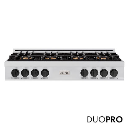 ZLINE Autograph Edition 48 in. Classic Gas Rangetop with 8 Burner DuoPro™ Cooktop in Stainless Steel and Matte Black Accents (PCRTZ-48-MB) front, with DuoPro™ logo.
