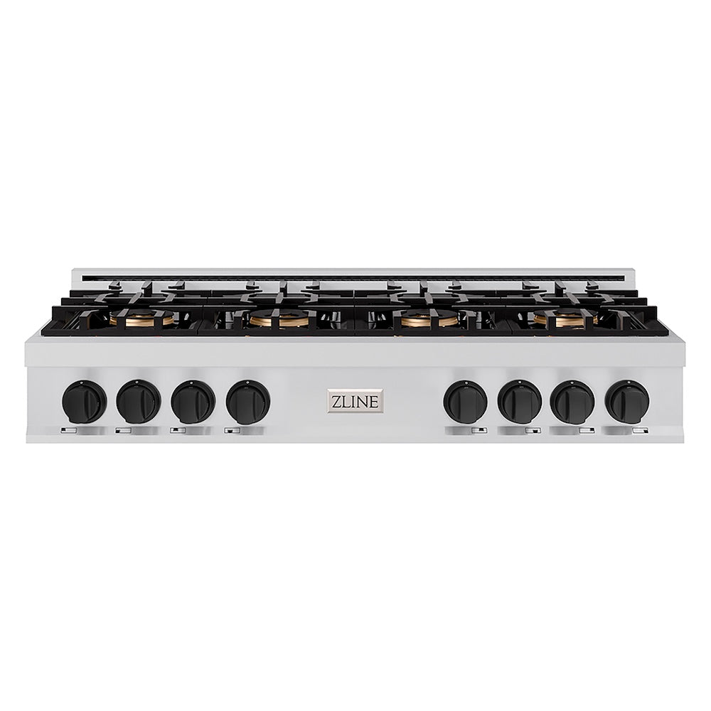 ZLINE Autograph Edition 48 in. Classic Gas Rangetop with 8 Burner DuoPro™ Cooktop in Stainless Steel and Matte Black Accents (PCRTZ-48-MB) front.