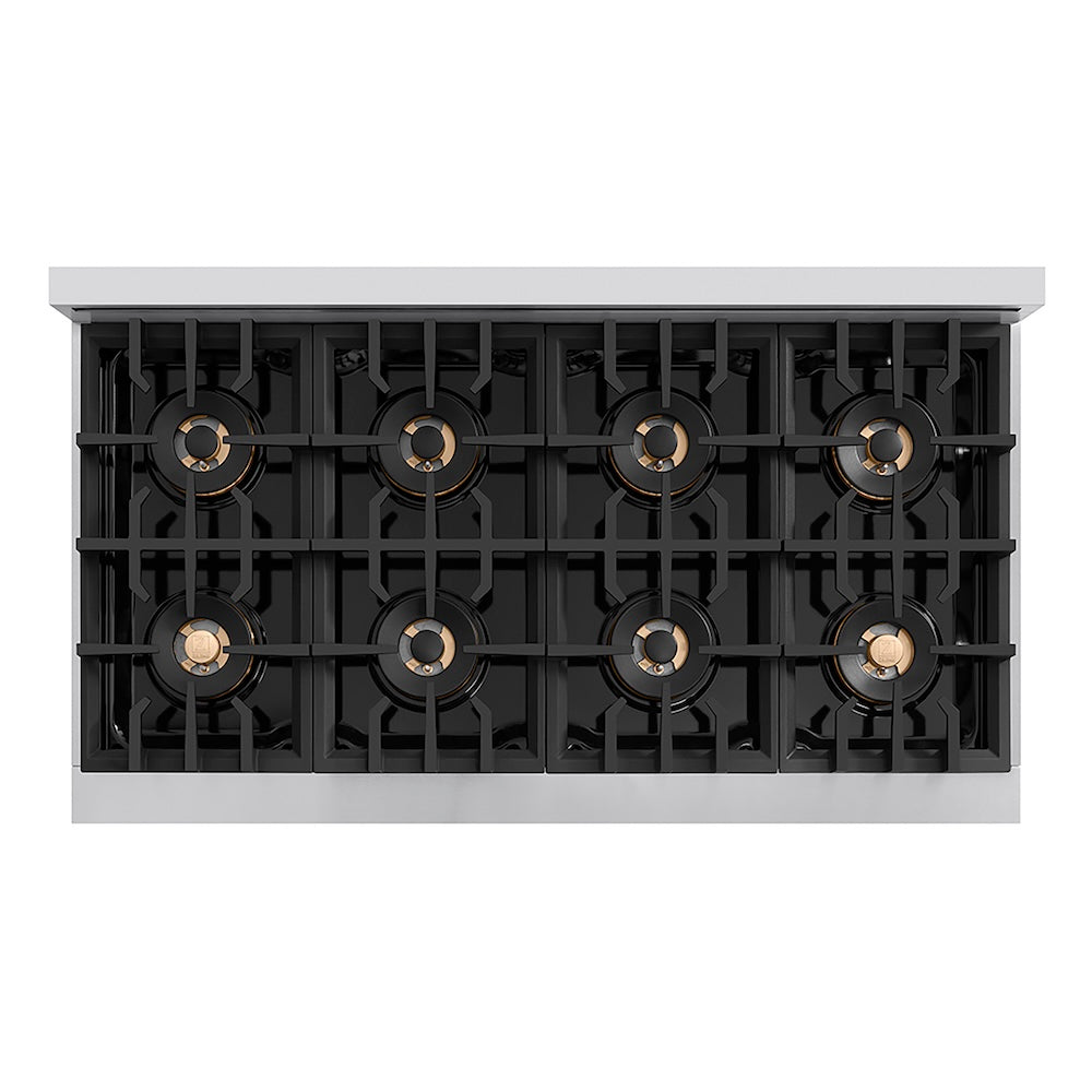 ZLINE Autograph Edition 48 in. Classic Gas Rangetop with 8 Burner DuoPro™ Cooktop in Stainless Steel and Matte Black Accents (PCRTZ-48-MB) top-down, above cooktop.
