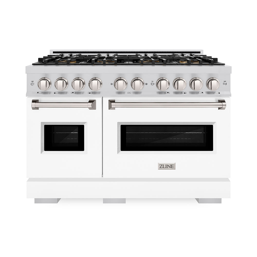 ZLINE 48 in. 6.7 cu. ft. Classic Gas Range with 8 Burner DuoPro™ Cooktop and Dual Ovens with White Matte Doors (PCGR-WM-48) front, oven closed.
