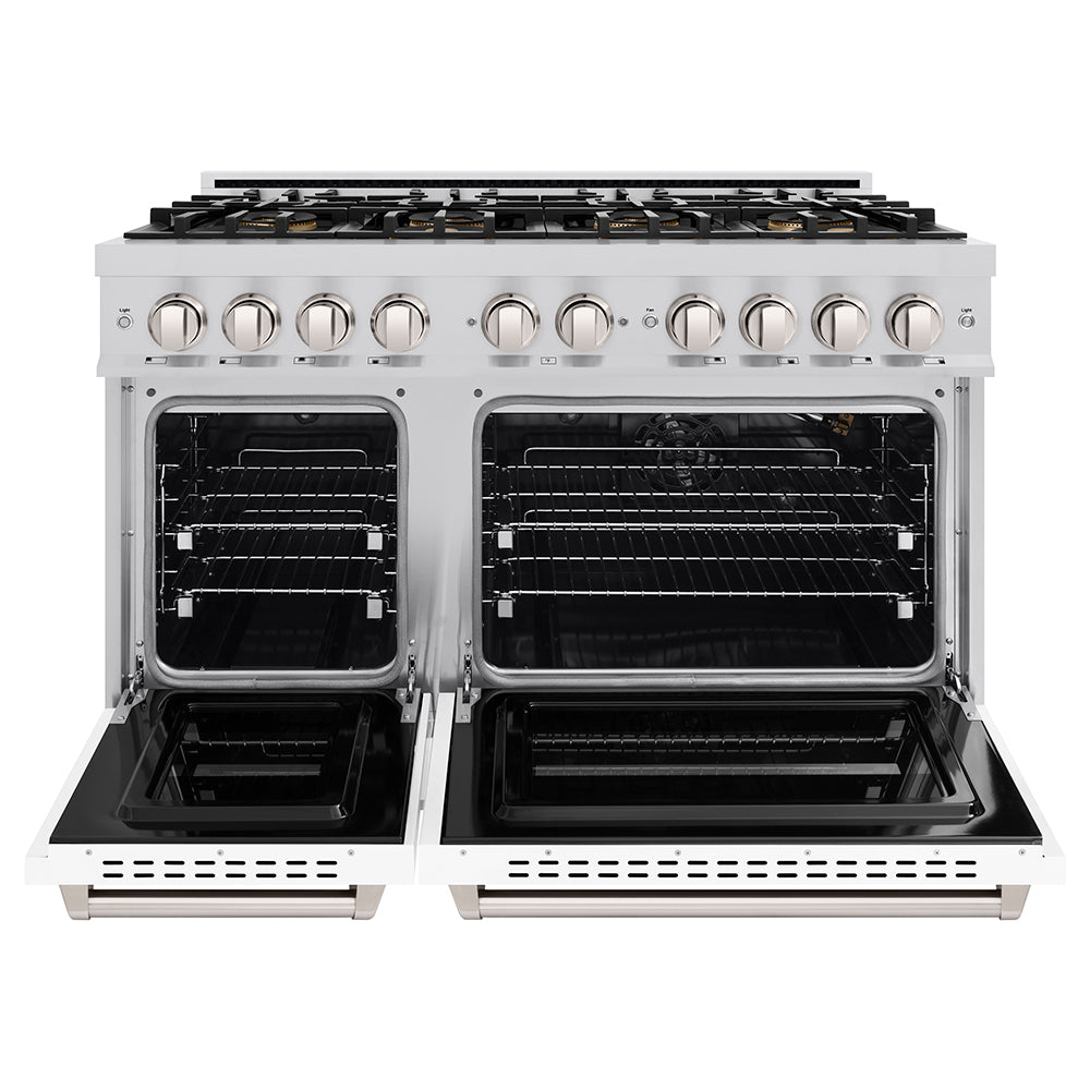 ZLINE 48 in. 6.7 cu. ft. Classic Gas Range with 8 Burner DuoPro™ Cooktop and Dual Ovens with White Matte Doors (PCGR-WM-48) front, oven open.