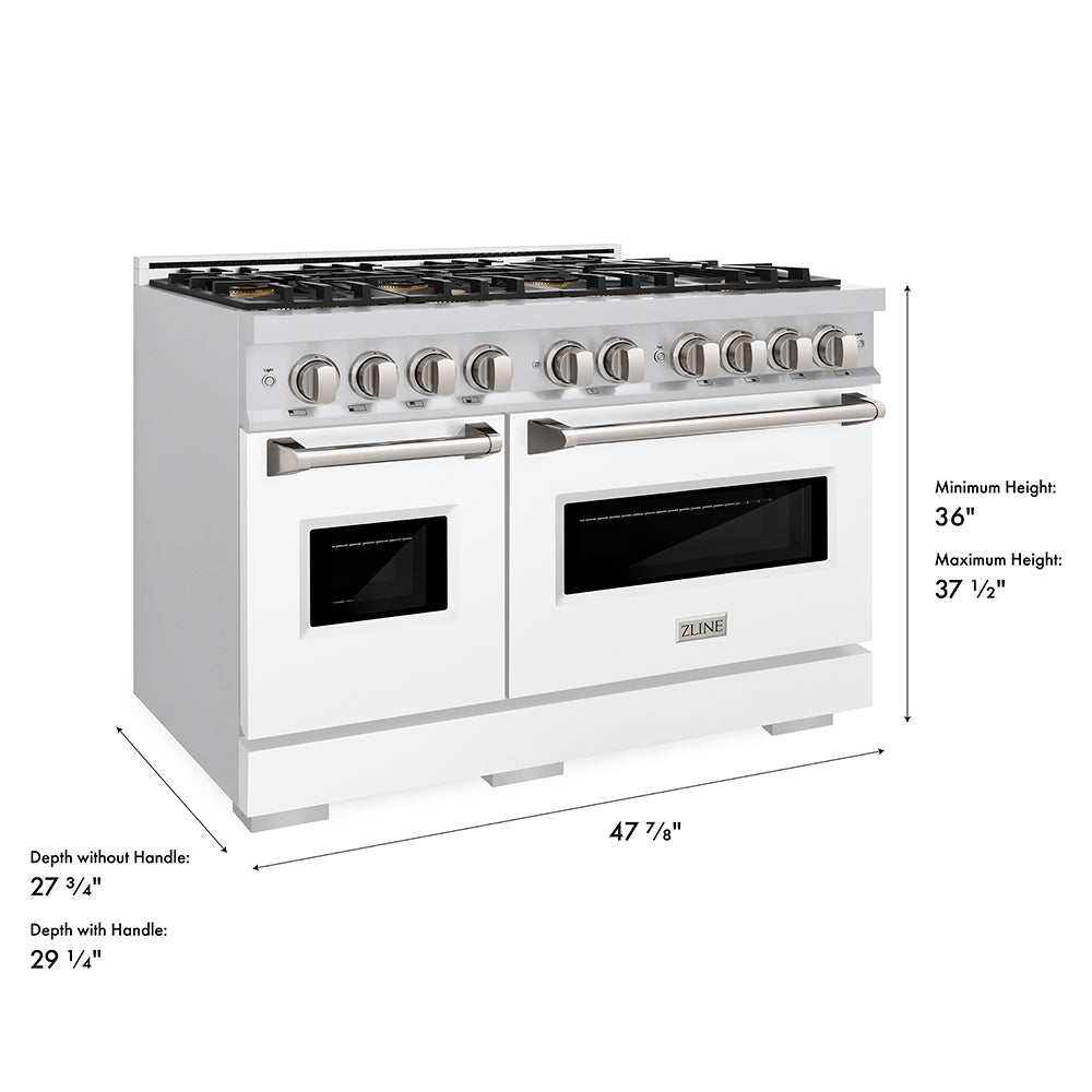 ZLINE 48 in. 6.7 cu. ft. Classic Gas Range with 8 Burner DuoPro™ Cooktop and Dual Ovens with White Matte Doors (PCGR-WM-48) dimensional measurements.