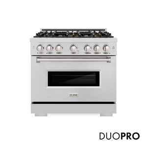 ZLINE 36 in. 5.2 cu. ft. Classic Gas Range with 6 Burner DuoPro™ Cooktop and Convection Gas Oven in Stainless Steel (PCGR36) main image.