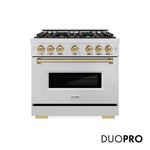 ZLINE Autograph Edition 36 in. 5.2 cu. ft. Classic Gas Range with 6 Burner DuoPro™ Cooktop and Convection Gas Oven in Stainless Steel and Champagne Bronze Accents, Open Box-Great Condition