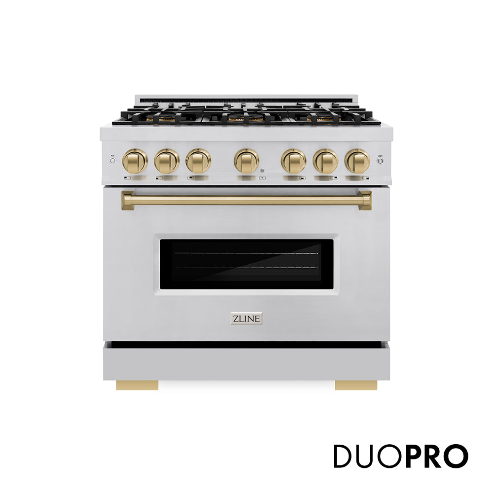 ZLINE Autograph Edition 36 in. 5.2 cu. ft. Classic Gas Range with 6 Burner DuoPro™ Cooktop and Convection Gas Oven in Stainless Steel and Champagne Bronze Accents, Open Box-Great Condition