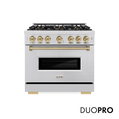 ZLINE Autograph Edition 36 in. 5.2 cu. ft. Classic Gas Range with 6 Burner DuoPro™ Cooktop and Convection Gas Oven in Stainless Steel and Champagne Bronze Accents, Open Box-Great Condition