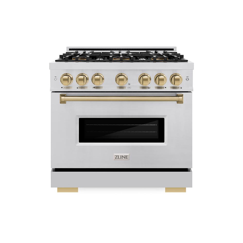 ZLINE Autograph Edition 36 in. 5.2 cu. ft. Classic Gas Range with 6 Burner DuoPro™ Cooktop and Convection Gas Oven in Stainless Steel and Champagne Bronze Accents (PCGRZ-36-CB) front, oven closed.