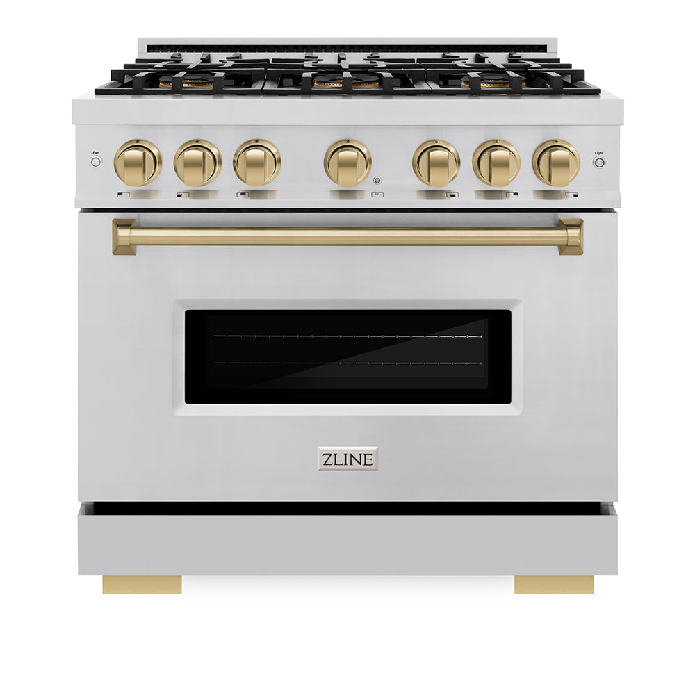 ZLINE Autograph Edition 36 in. 5.2 cu. ft. Classic Gas Range with 6 Burner DuoPro™ Cooktop and Convection Gas Oven in Stainless Steel and Champagne Bronze Accents, Open Box-Great Condition
