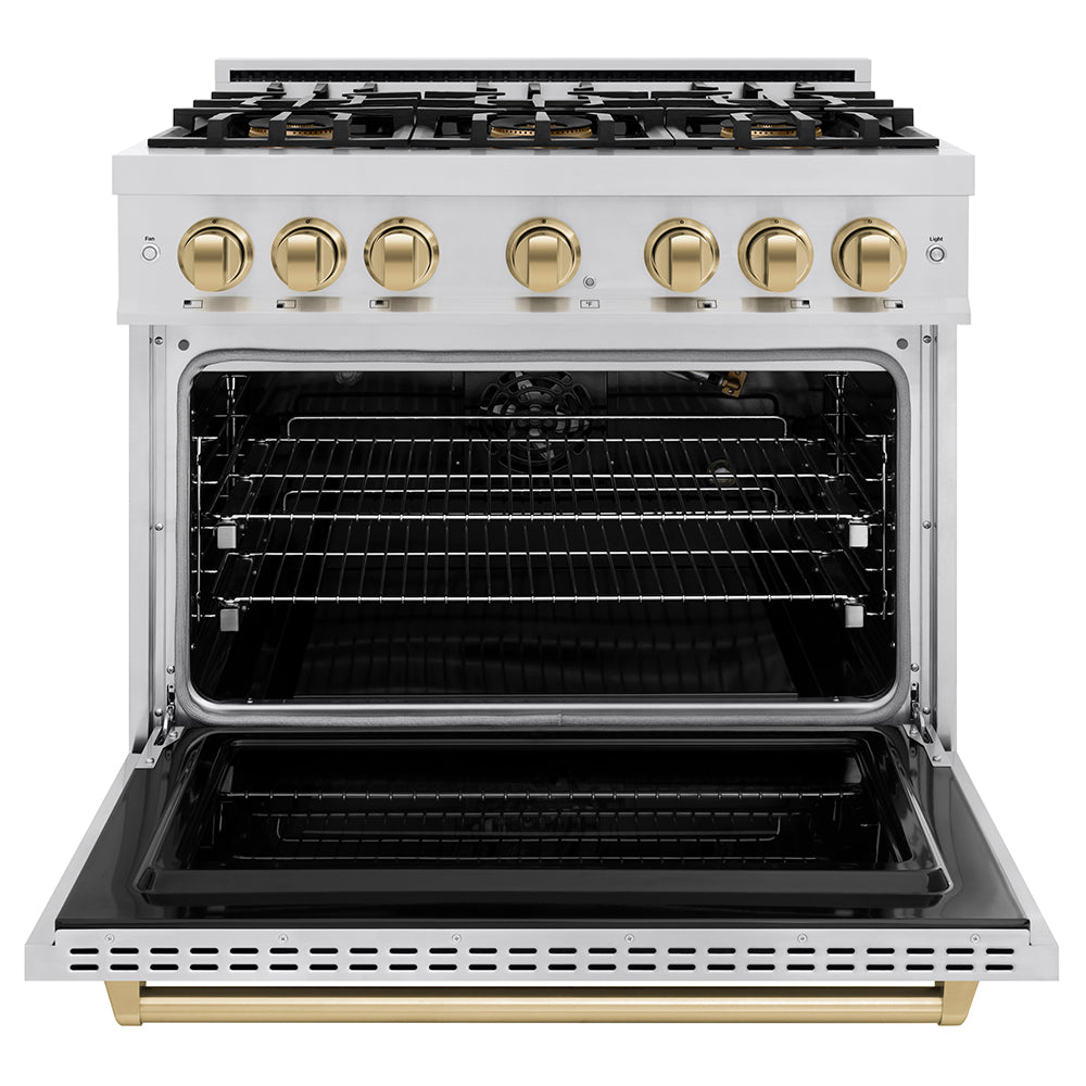 ZLINE Autograph Edition 36 in. 5.2 cu. ft. Classic Gas Range with 6 Burner DuoPro™ Cooktop and Convection Gas Oven in Stainless Steel and Champagne Bronze Accents, Open Box-Great Condition