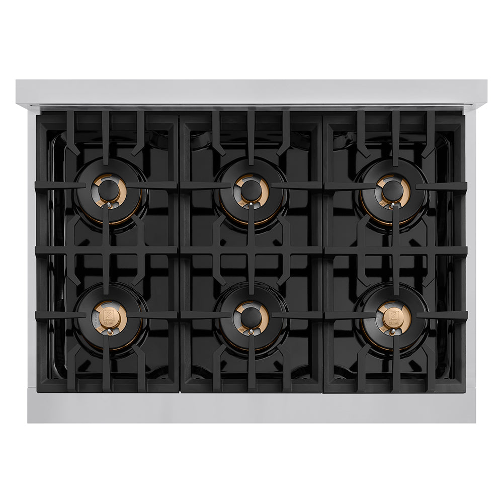 ZLINE Autograph Edition 36 in. 5.2 cu. ft. Classic Gas Range with 6 Burner DuoPro™ Cooktop and Convection Gas Oven in Stainless Steel and Champagne Bronze Accents, Open Box-Great Condition