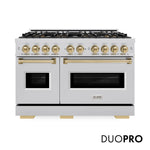 ZLINE Autograph Edition 48 in. 6.7 cu. ft. Classic Gas Range with 8 Burner DuoPro™ Cooktop and Dual Ovens in Stainless Steel and Champagne Bronze Accents, Open Box-Great Condition