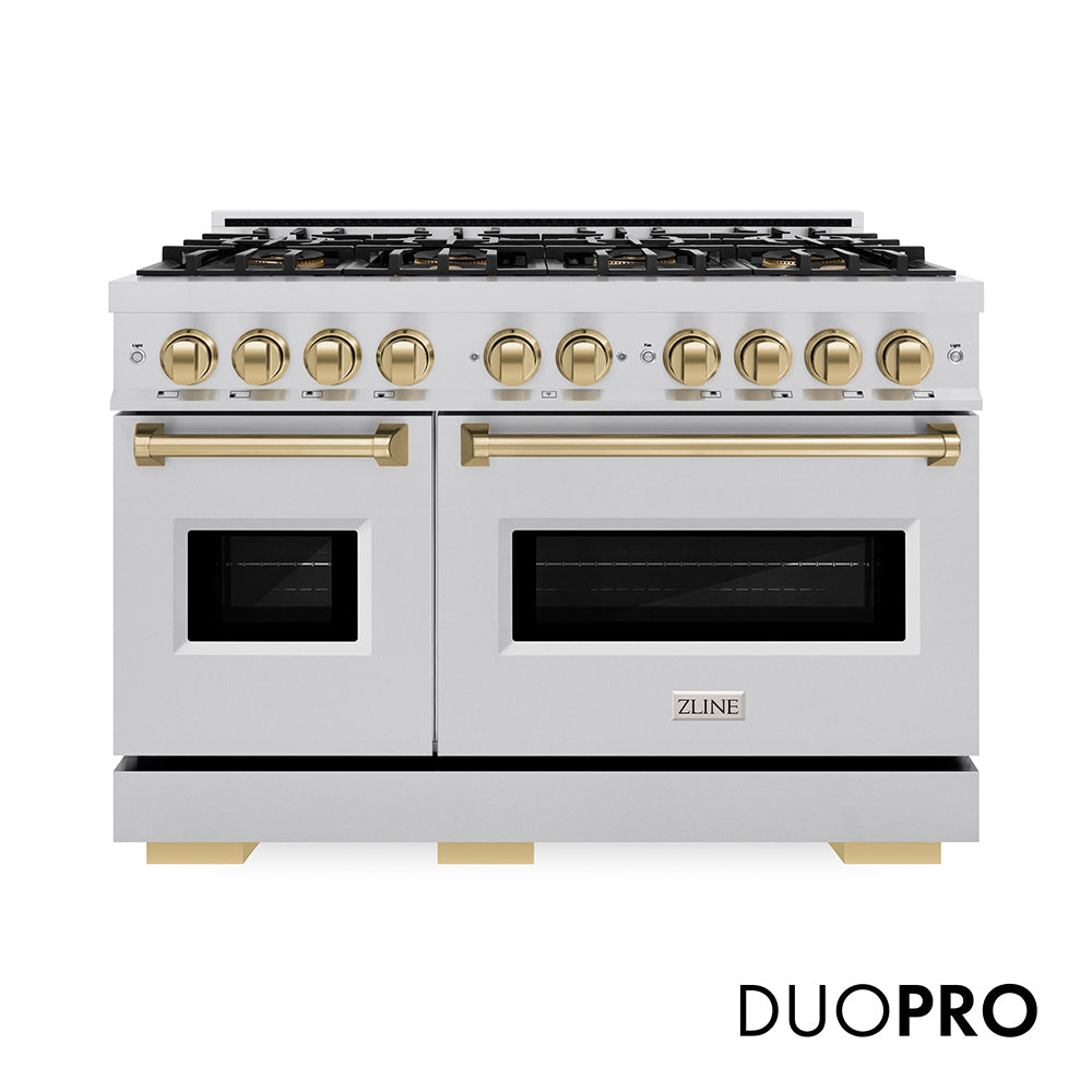 ZLINE Autograph Edition 48 in. 6.7 cu. ft. Classic Gas Range with 8 Burner DuoPro™ Cooktop and Dual Ovens in Stainless Steel and Champagne Bronze Accents, Open Box-Great Condition