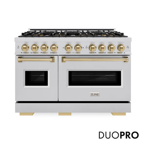 ZLINE Autograph Edition 48 in. 6.7 cu. ft. Classic Gas Range with 8 Burner DuoPro™ Cooktop and Dual Ovens in Stainless Steel and Champagne Bronze Accents, Open Box-Great Condition