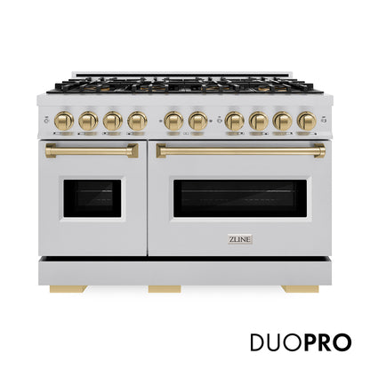 ZLINE Autograph Edition 48 in. 6.7 cu. ft. Classic Gas Range with 8 Burner DuoPro™ Cooktop and Dual Ovens in Stainless Steel and Champagne Bronze Accents, Open Box-Great Condition