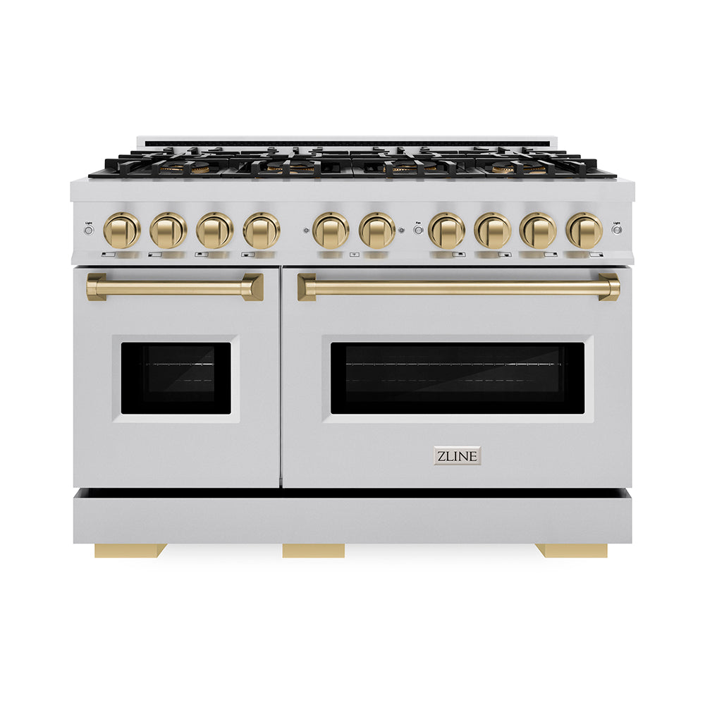 ZLINE Autograph Edition 48 in. 6.7 cu. ft. Classic Gas Range with 8 Burner DuoPro™ Cooktop and Dual Ovens in Stainless Steel and Champagne Bronze Accents, Open Box-Great Condition