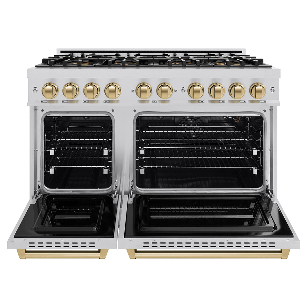 ZLINE Autograph Edition 48 in. 6.7 cu. ft. Classic Gas Range with 8 Burner DuoPro™ Cooktop and Dual Ovens in Stainless Steel and Champagne Bronze Accents, Open Box-Great Condition