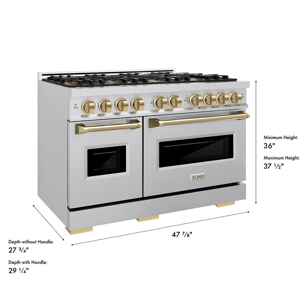 ZLINE Autograph Edition 48 in. 6.7 cu. ft. Classic Gas Range with 8 Burner DuoPro™ Cooktop and Dual Ovens in Stainless Steel and Champagne Bronze Accents, Open Box-Great Condition