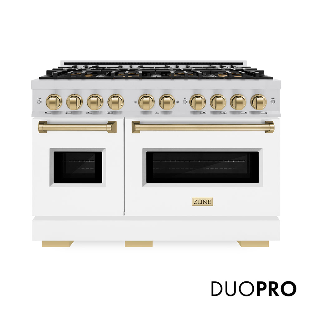 ZLINE Autograph Edition 48 in. 6.7 cu. ft. Classic Gas Range with 8 Burner DuoPro™ Cooktop and Dual Ovens with White Matte Doors and Champagne Bronze Accents, Open Box-Great Condition