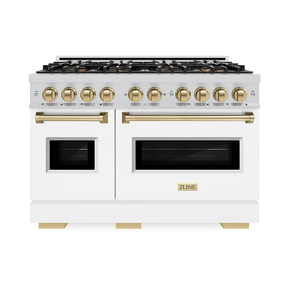 ZLINE Autograph Edition 48 in. 6.7 cu. ft. Classic Gas Range with 8 Burner DuoPro™ Cooktop and Dual Ovens with White Matte Doors and Champagne Bronze Accents (PCGRZ-WM-48-CB) front, oven closed.