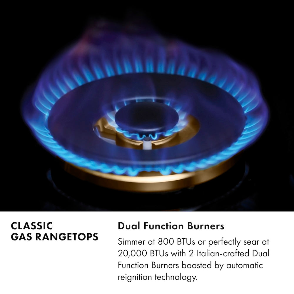 Classic Gas Rangetops Infographic. Dual Function Burners. Text: Simmer at 800 BTUs or perfectly sear at 20,000 BTUs with 2 Italian-crafted Dual Function Burners boosted by automatic reignition technology.