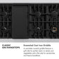 ZLINE Classic Gas Rangetops Infographic. Enameled Cast Iron Griddle. Text: A reversible nonstick griddle features a grill side for perfect sears on steaks and vegetables and a flat side for sandwiches and hearty breakfasts.