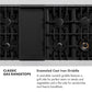 ZLINE Classic Gas Rangetops Infographic. Enameled Cast Iron Griddle. Text: A reversible nonstick griddle features a grill side for perfect sears on steaks and vegetables and a flat side for sandwiches and hearty breakfasts.