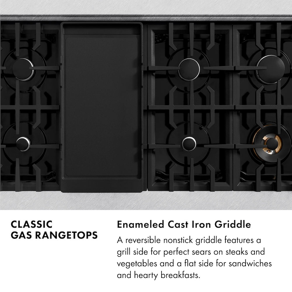 ZLINE Classic Gas Rangetops Infographic. Enameled Cast Iron Griddle. Text: A reversible nonstick griddle features a grill side for perfect sears on steaks and vegetables and a flat side for sandwiches and hearty breakfasts.