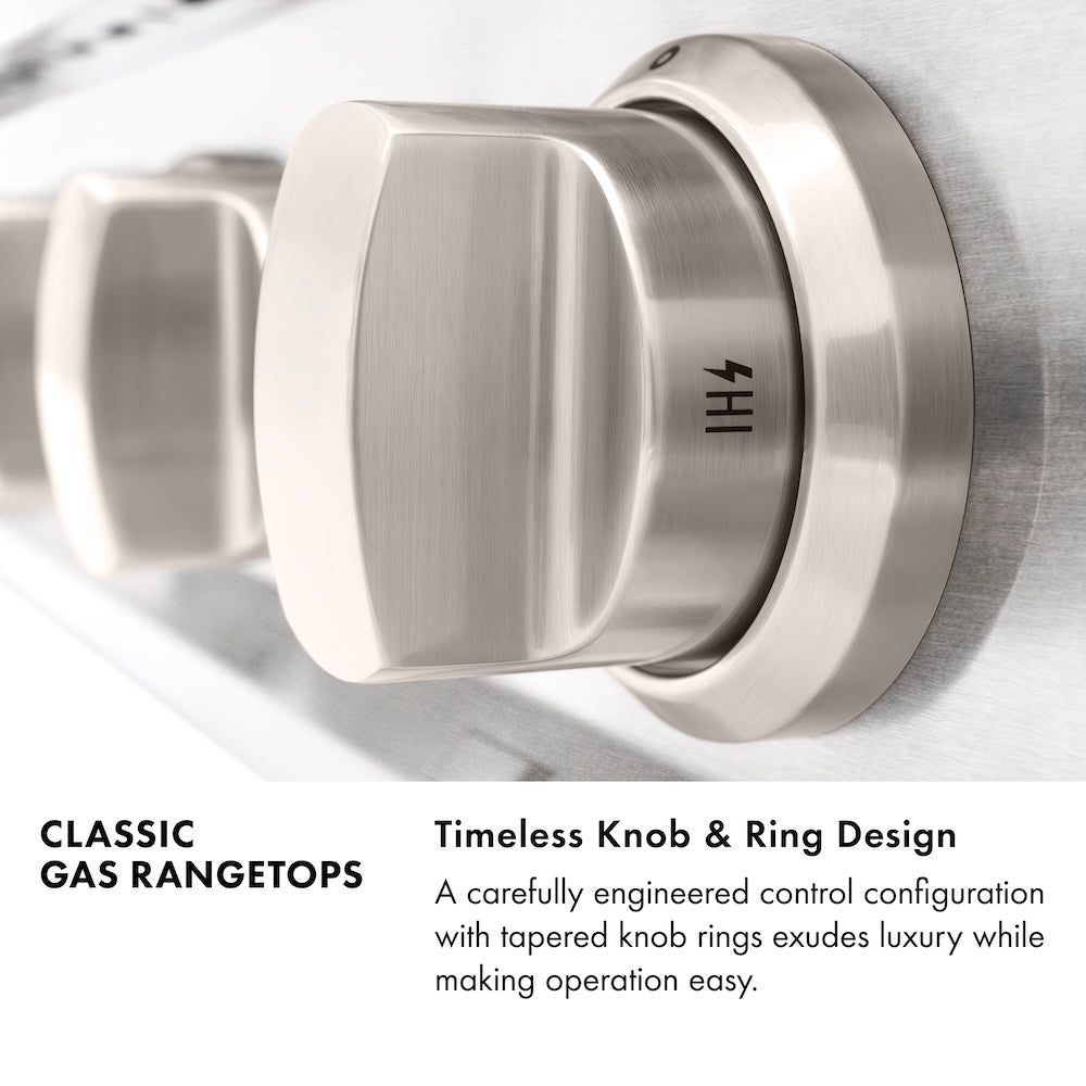 ZLINE Classic Gas Rangetop Infographic. Timeless Knob and Ring Design. Text: A carefully engineered control configuration with tapered knob rings exudes luxury while making operation easy.