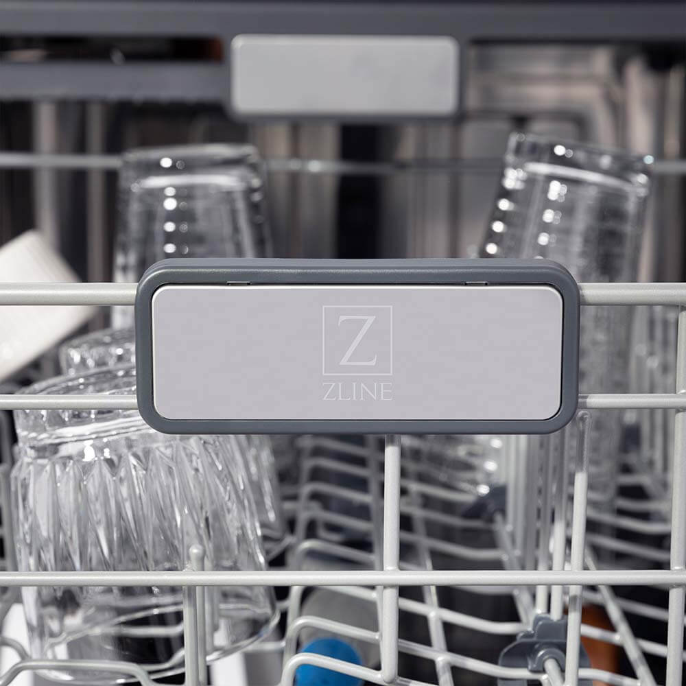 ZLINE 24 in. Monument Series 3rd Rack Top Touch Control Dishwasher in Blue Matte with Stainless Steel Tub, 45dBa (DWMT-24-BM) ZLINE logo on dish rack.