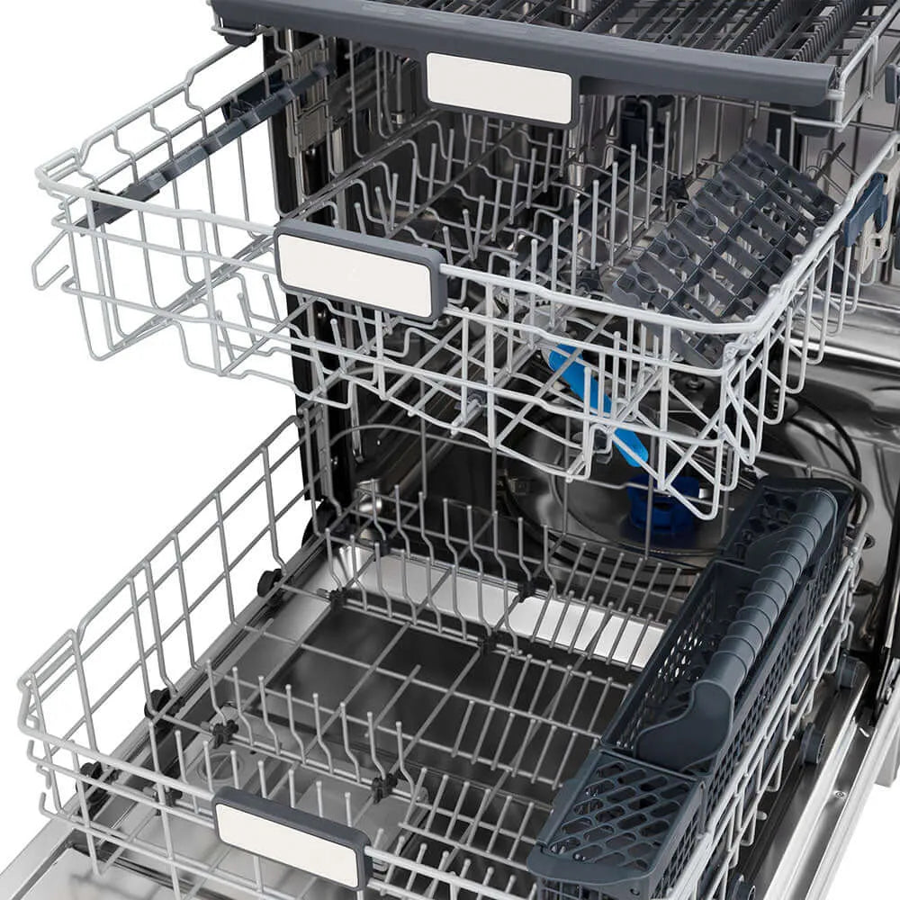 ZLINE 24 in. Monument Series 3rd Rack Top Touch Control Dishwasher in Black Stainless Steel with Stainless Steel Tub, 45dBa (DWMT-BS-24) adjustable dish racks.