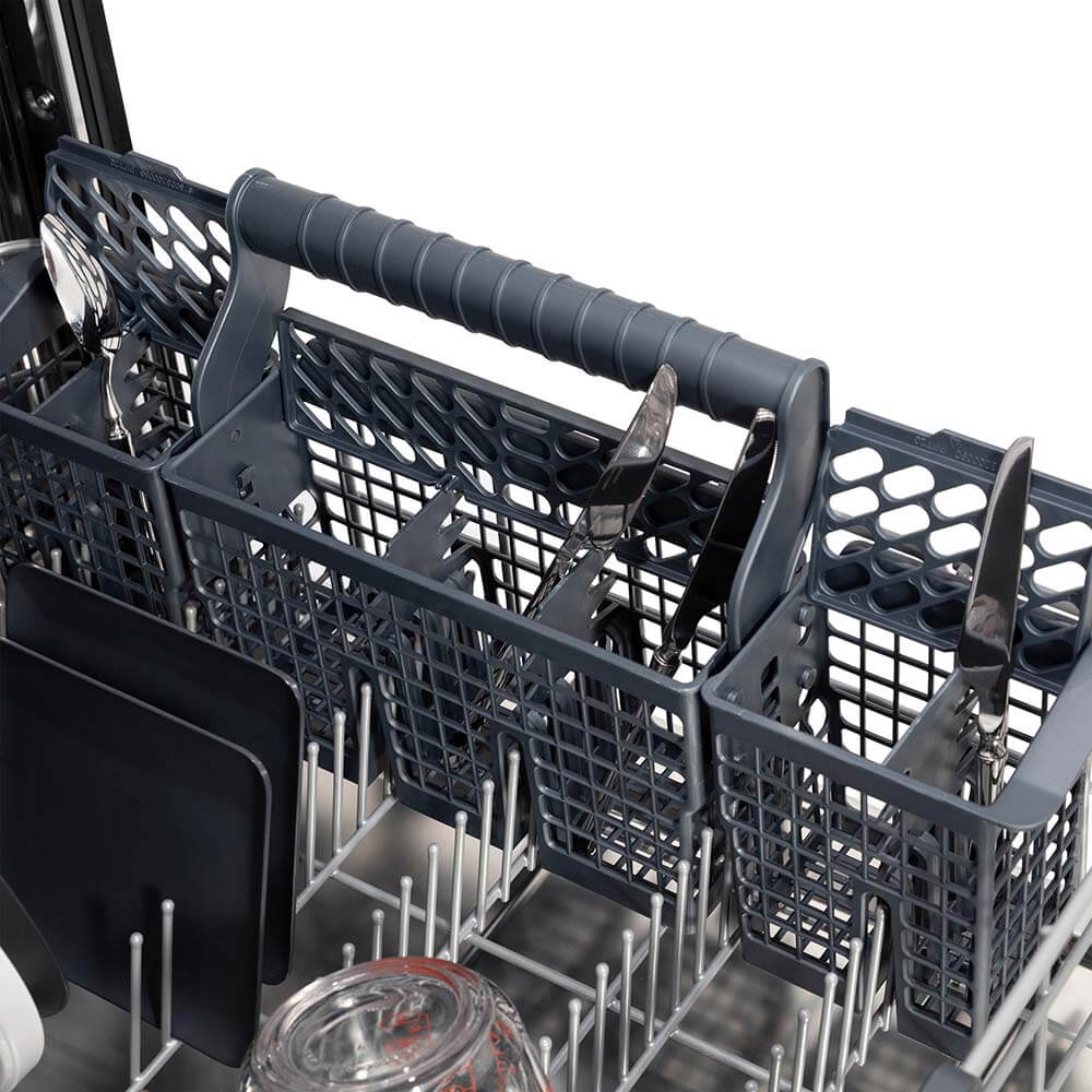 ZLINE 24 in. Monument Series 3rd Rack Top Touch Control Dishwasher in Hand Hammered Copper with Stainless Steel Tub, 45dBa (DWMT-HH-24) close-up, utensil holder on bottom dish rack.