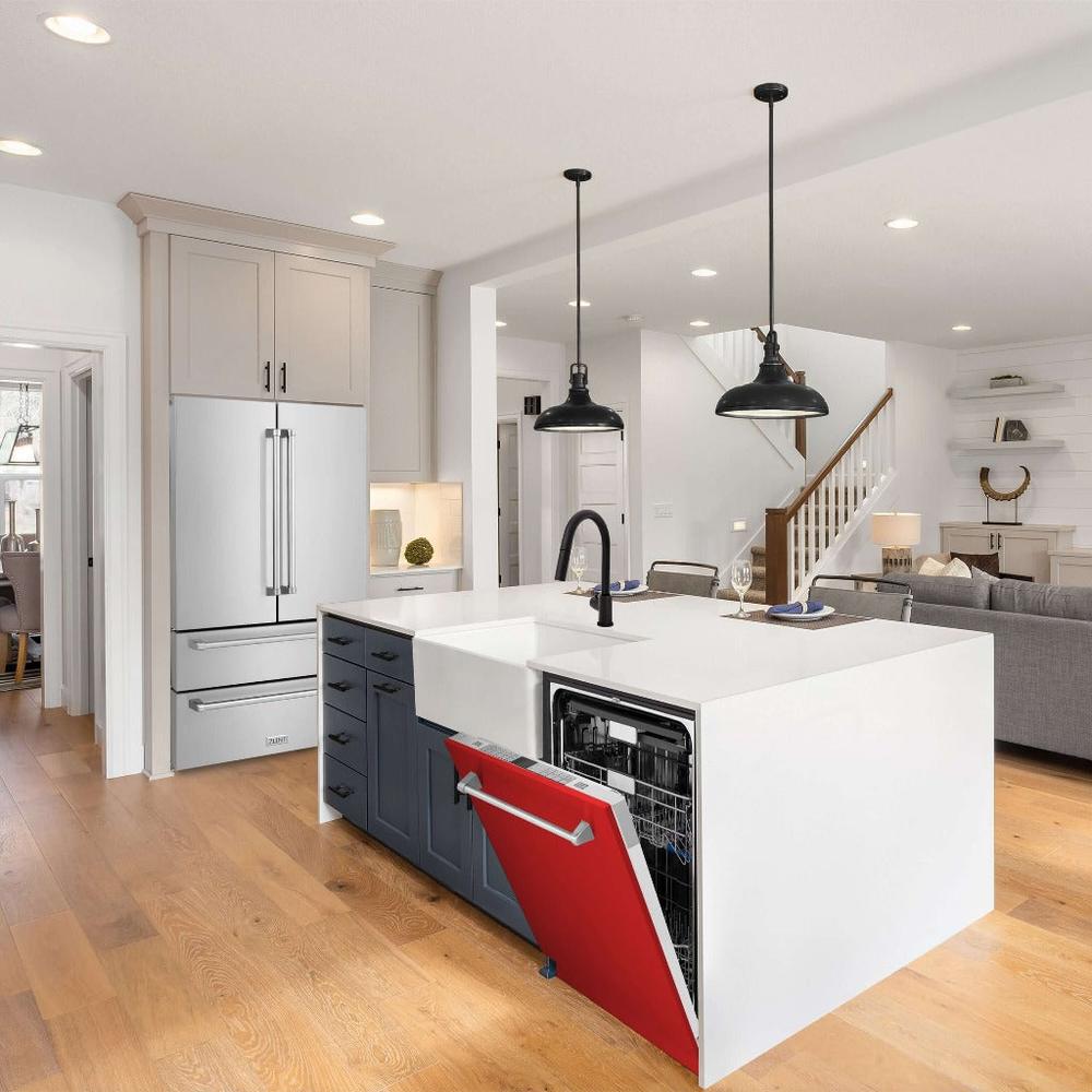 ZLINE 24 in. Monument Series 3rd Rack Top Touch Control Dishwasher in Red Gloss with Stainless Steel Tub, 45dBa (DWMT-RG-24) built-in to cabinets in a luxury kitchen.