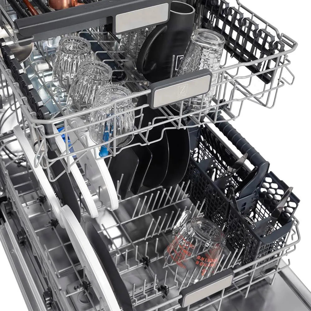 ZLINE 24 in. Monument Series 3rd Rack Top Touch Control Dishwasher in Red Matte with Stainless Steel Tub, 45dBa (DWMT-RM-24) adjustable dish racks.