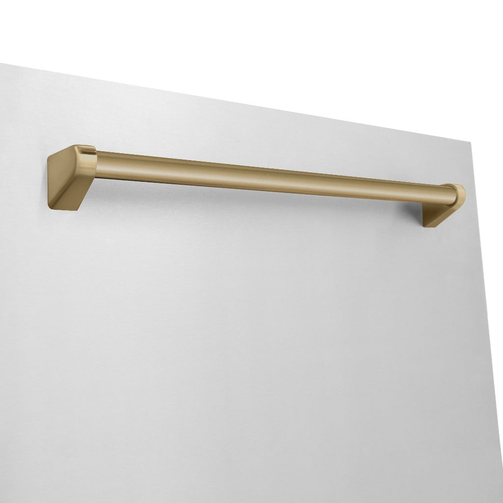 ZLINE Autograph Edition 24 in. Monument Series 3rd Rack Top Touch Control Tall Tub Dishwasher in Stainless Steel with Champagne Bronze Handle, 45dBa (DWMTZ-304-24-CB) close-up, Champagne Bronze Autograph Edition handle on panel.