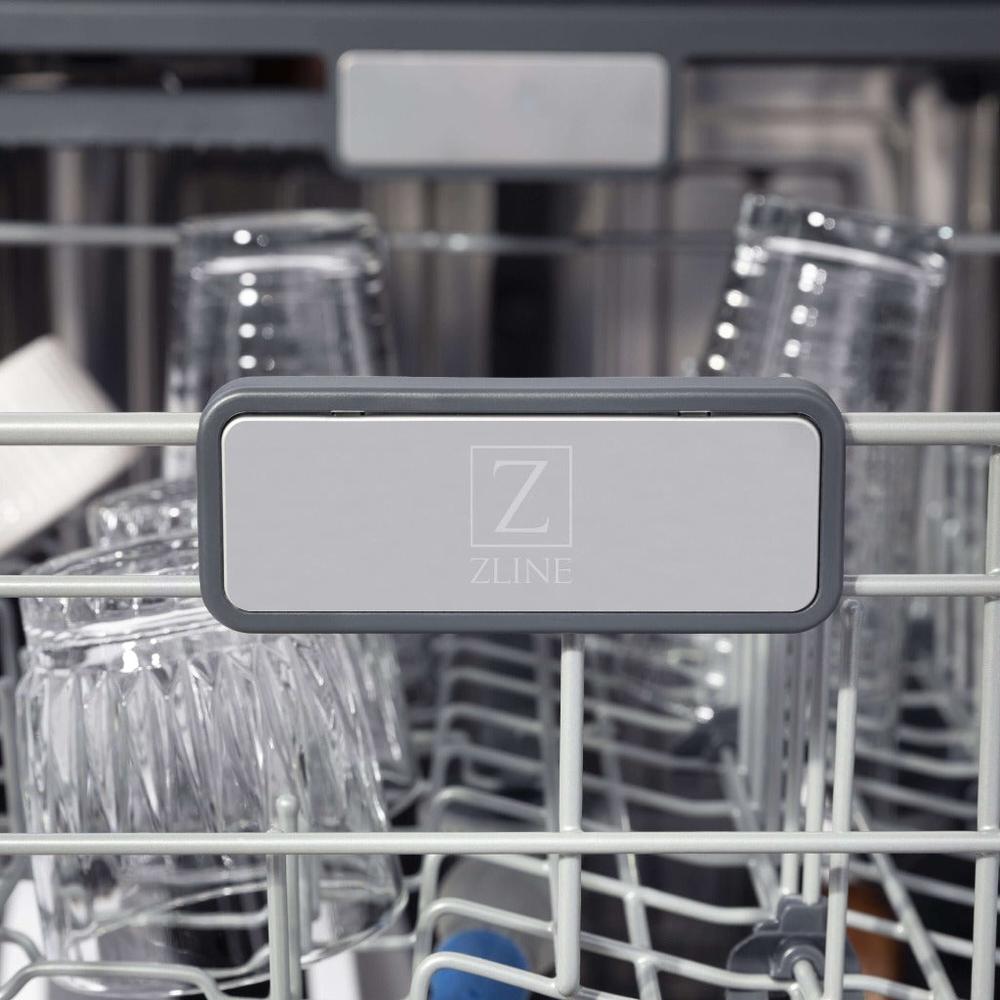 ZLINE 24 in. Monument Series 3rd Rack Top Touch Control Dishwasher in Red Gloss with Stainless Steel Tub, 45dBa (DWMT-RG-24) ZLINE logo on dish rack.