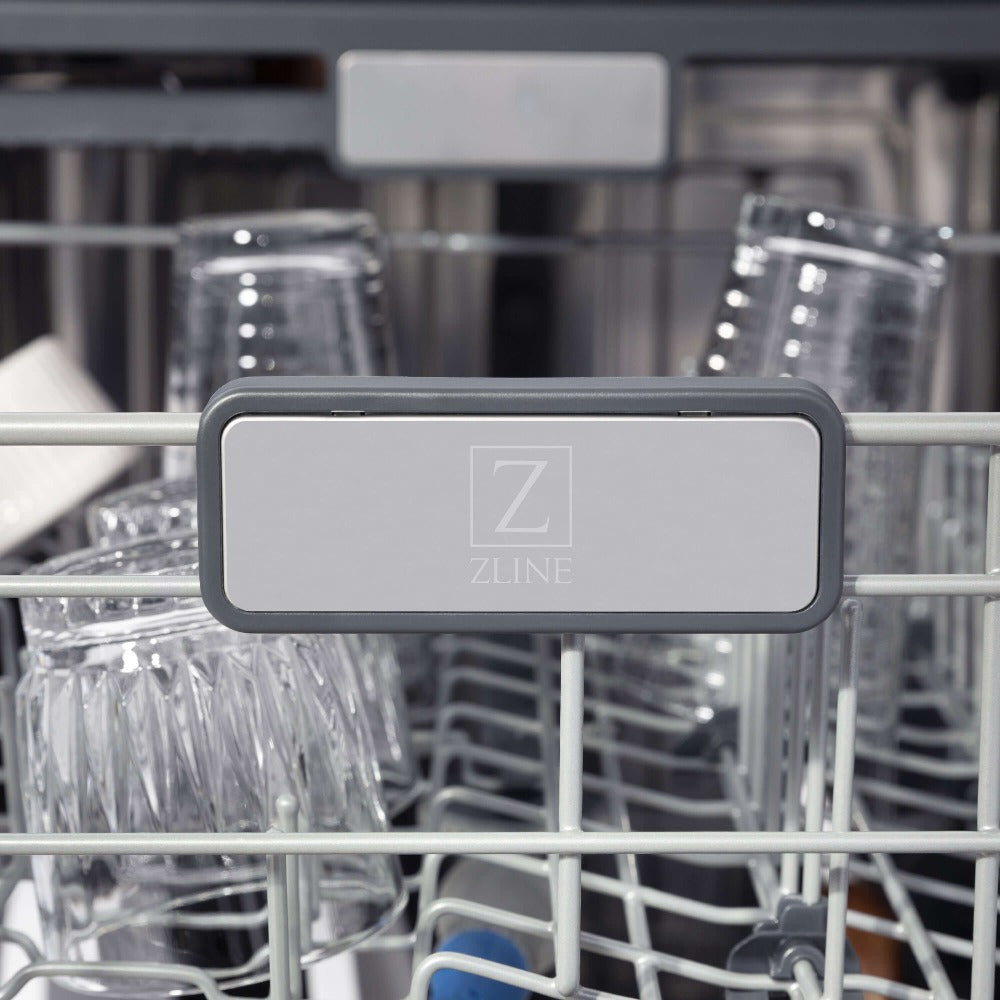 ZLINE 24 in. Monument Series 3rd Rack Top Touch Control Dishwasher in Black Matte with Stainless Steel Tub, 45dBa (DWMT-BLM-24) ZLINE logo on dish rack.
