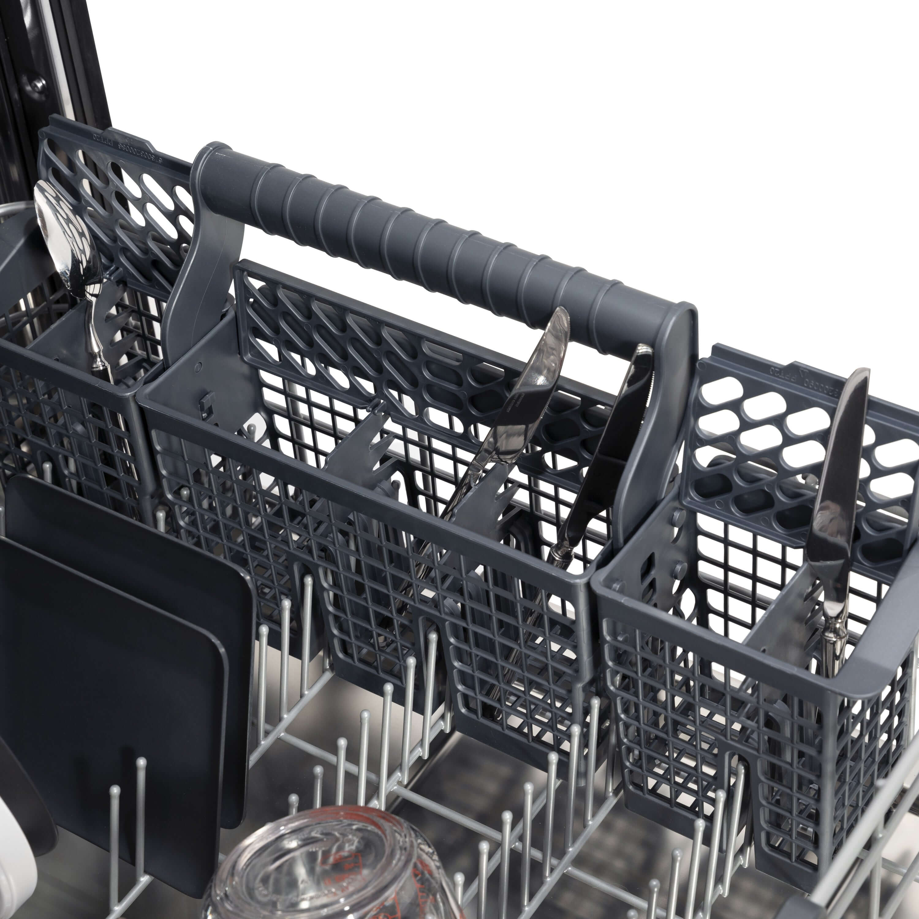 Utensil holder on bottom rack of ZLINE dishwasher.