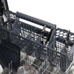 ZLINE 24 in. Monument Series 3rd Rack Top Touch Control Dishwasher in Red Gloss with Stainless Steel Tub, 45dBa (DWMT-RG-24) close-up, utensil holder on bottom dish rack.