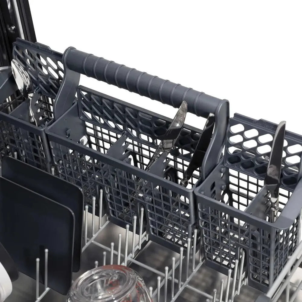 ZLINE 24 in. Monument Series 3rd Rack Top Touch Control Dishwasher in Red Gloss with Stainless Steel Tub, 45dBa (DWMT-RG-24) close-up, utensil holder on bottom dish rack.