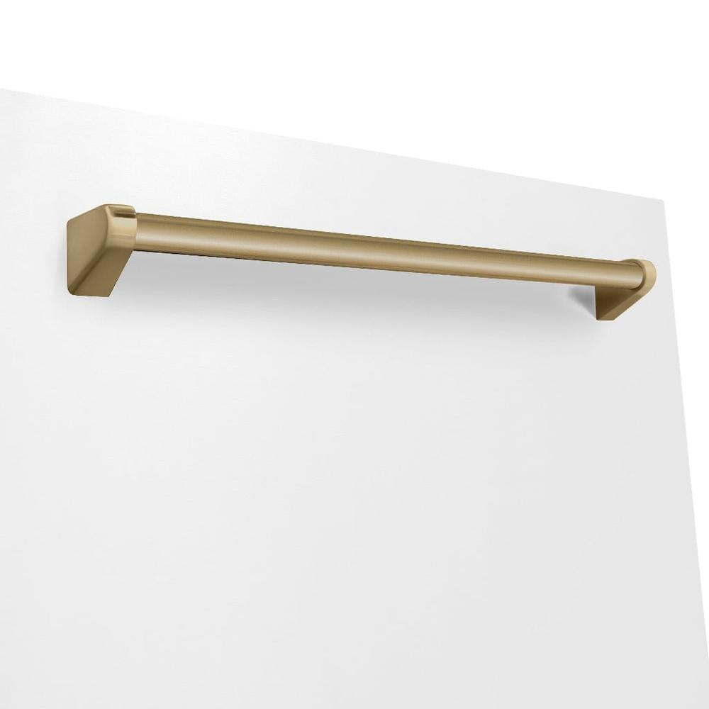 ZLINE Autograph Edition 24 in. Monument Series 3rd Rack Top Touch Control Tall Tub Dishwasher in White Matte with Champagne Bronze Handle, 45dBa (DWMTZ-WM-24-CB) close-up, Champagne Bronze Autograph Edition handle on panel.