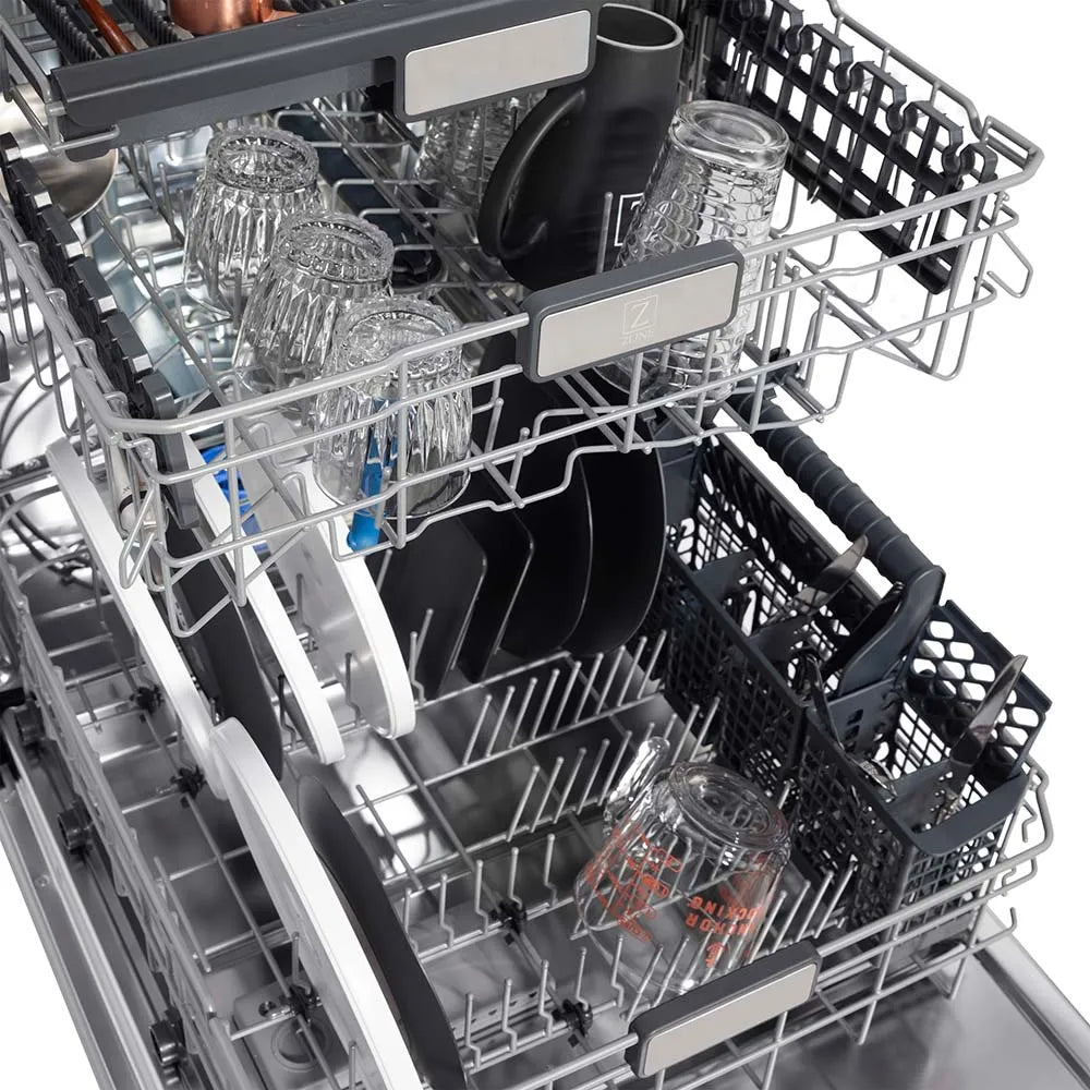 ZLINE Autograph Edition 24 in. Monument Series 3rd Rack Top Touch Control Tall Tub Dishwasher in White Matte with Polished Gold Handle, 45dBa (DWMTZ-WM-24-G) adjustable dish racks.