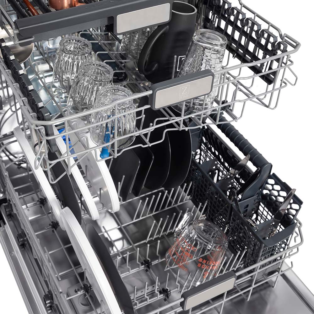 Dishes loaded inside ZLINE third rack dishwasher